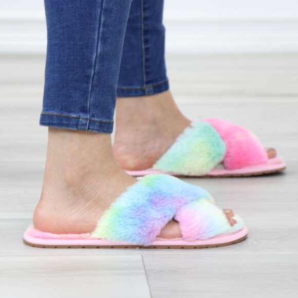 Cross Strap Tie Dye Multi Color Puff Fuzzy Furry Fluffy Slip On Plush Slippers - Picture 7 of 15